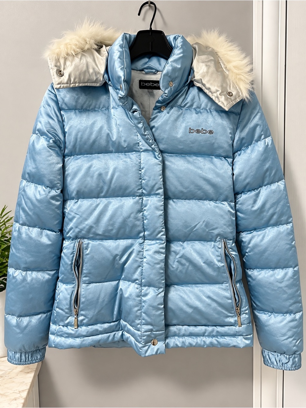 bebe Light Blue Shimmery Puffer Jacket with Faux Fur Trim